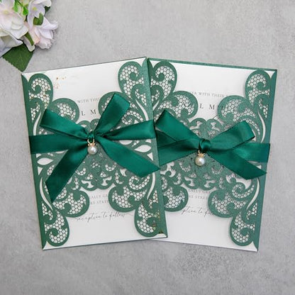 20Pcs Emerald Green Laser Cut Wedding Invitation Cards With Envelopes - color: Emerald Green