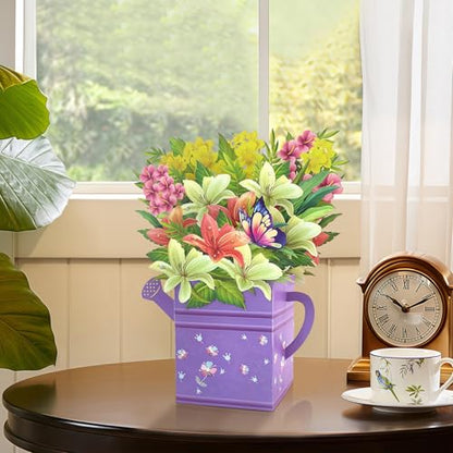 Pop Up Flower Bouquet Card, Paper Lily Bouquet Birthday Card | 3D Greeting Card for Wife, Mom, Grandma, Unique Get Well Soon & Thank You Card with Blank Notecard & Envelope - color: Lily Watering Can