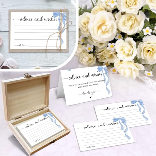 Advice and Wishes Cards Box, 50 Pcs Birthday Wedding Baby Shower Advice Cards, Well Wishes Box for Birthday Party Graduation Bridal Shower Retirement Party, Anniversary(Blue Bow) -A01 - color: Blue Bow, size: Set with Wooden Box