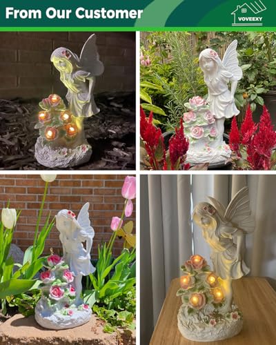 Voveexy Garden Figurines Angel Garden Statue Outdoor Decor, Solar Powered Resin Sculpture with 5 LEDs Art Decoration for Patio Lawn Yard Porch, Ornament Housewarming Gift, 11“ H
