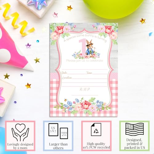 Amanda Creation Little Bunny Rabbit 1st Birthday Party Invites - Adorable Fill In Invitations for Girls Set of 20 5X7 Double Sided Cards with Twenty White Envelopes Kids Party Supplies - style: Little Bunny Rabbit 1st Birthday