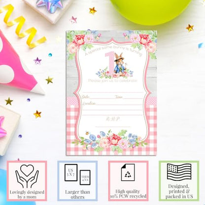 Amanda Creation Little Bunny Rabbit 1st Birthday Party Invites - Adorable Fill In Invitations for Girls Set of 20 5X7 Double Sided Cards with Twenty White Envelopes Kids Party Supplies - style: Little Bunny Rabbit 1st Birthday