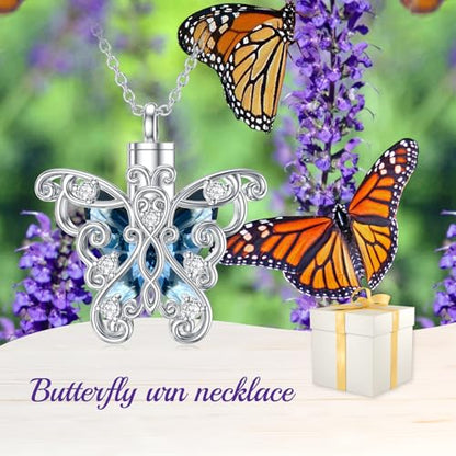 AOBOCO Heart URN Necklace S925 Sterling Silver Cremation Necklaces for Ashes Embellished with Crystals from Austria, Fine Keepsake Memorial Jewelry (Package including a Necklace/Pin/Funnel) - style: C4-Butterfly Ashes Necklace Blue