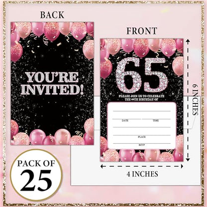 65th Birthday Invitations - Pink Glitter Bday Invites with Envelopes(25-Count) - Balloon Theme Fill-in Invite Cards for Party Supplies Favors Decorations - G05 - style: Pink Balloon 65th