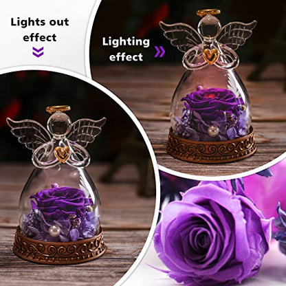 Preserved Real Rose in Glass Angel Figurine with LED Light, Angel Gifts for Women, Mom, Grandma on Mother's Day Christmas Birthday (Purple) - color: Purple