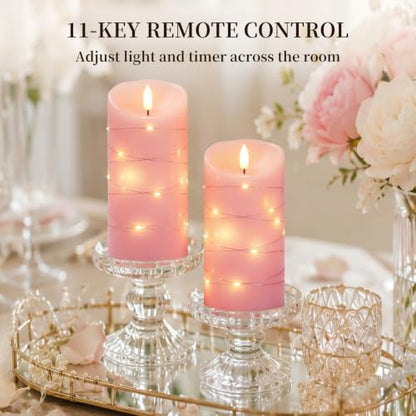 Homemory Flameless Candles with String Lights, 2 Pack Embedded Fairy String Lights LED Candles, Electric Flickering Candles with Remote Control and Timer, Real Wax, Pink - color: Pink, 2Pack
