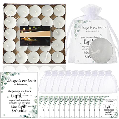 50 Set Funeral Party Favors Memorial White Candles Unscented Funeral Gifts Tealight Candles with Condolence Bereavement Cards and Organza Bags for Guest Celebration of Life Decorations (Stylish) - style: Stylish
