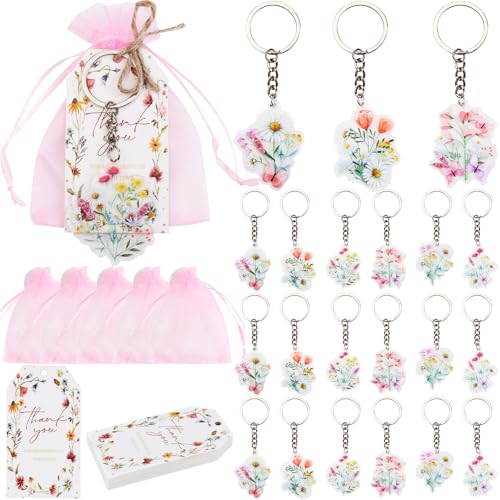 Serencatcher 24 Sets Wildflower Party Favors, Wildflower Bridal Baby Shower Decorations Thank You for Showering Us With Love Tags Keychains Organza Bags for Flower Wedding Bachelorette Bride to Be