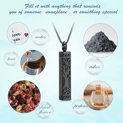 Tree of Life Urn Necklace, Stainless Steel Memorial Ashes Pendant | Tree of Life Cremation Jewelry Stainless Steel Locket Vertical Bar Keepsake Necklace Jewelry for Women Men Human Ashes - color: Black