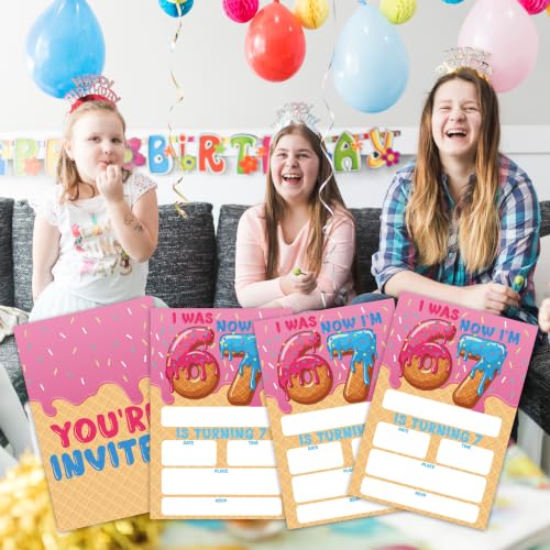 Donut 7th Birthday Invitation Cards with Envelopes, 20 Pack 4x6 Fill-In Party Invites for Girls Boys, Ice Cream Theme Kids Birthday Party Supplies - B07 - color: 6 7 Donut
