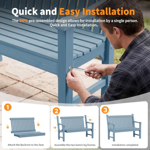2-Person Outdoor Bench with 700 Lbs Weight Capacity,(Blue) | Poly Lumber Weatherproof Garden Bench Seating for Porch, Balcony and Park, All-Weather Patio Bench Furniture - color: Blue