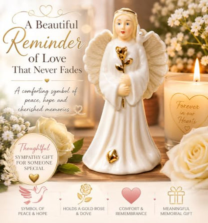 Memorial Angel Figurine with Dove & Gold Rose – Sympathy Gift for Loss of Loved One, Bereavement Angel Keepsake, Remembrance Gift for Grieving Family or Friend, Porcelain Statue, 4 Inch