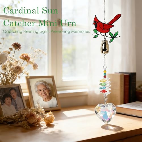 Cardinal Crystal Catcher Mini Urn for Ashes Keepsake Suncatcher with Small Cremation Holder,Hanging Memorial Decor mini urn,1.2 Inches Tiny urn for Human or Pet Ashes Sharing Memorial Urn