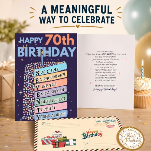 70th Birthday Card, Happy 70th Birthday CardS for Women Men with Seal and Envelope, 70 Year Old Birthdayy Cards for Mom Dad Grandma Grandpa Wife Husband Friend - color: 70th