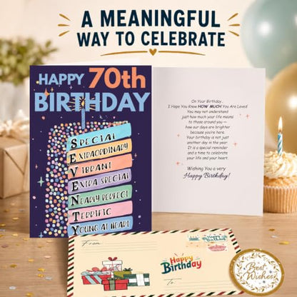 70th Birthday Card, Happy 70th Birthday CardS for Women Men with Seal and Envelope, 70 Year Old Birthdayy Cards for Mom Dad Grandma Grandpa Wife Husband Friend - color: 70th