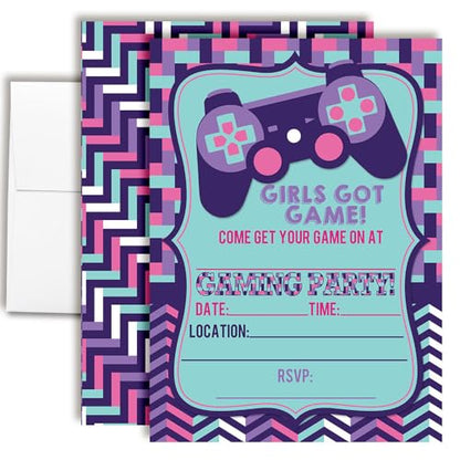 Girls Got Game Video Gaming Birthday Party Invitations for Girls, 20 5x7 Fill In Cards with Twenty White Envelopes by AmandaCreation - color: Girls Got Game Video