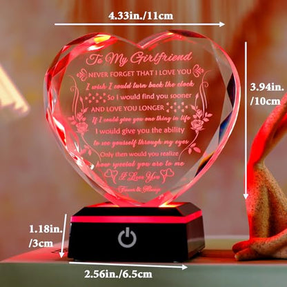 YWHL Gifts for Girlfriend, Anniversary Birthday Gifts for Girlfriend | To My Girlfriend Romantic Gifts from Boyfriend with LED Base Crystal Heart Keepsake Present for Her on Valentines Christmas - color: Girlfriend Gifts