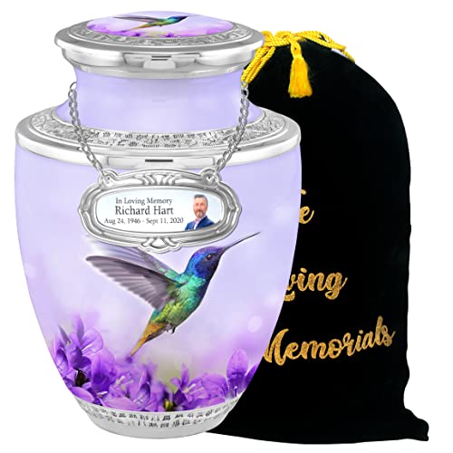 Personalized Medallion Hummingbird Flowers Cremation Urns for Adult Ashes Male Female - 200lbs Burial Urns for Human Ashes - Handcrafted Funeral Decorative Urns for Ashes Adult Male with Velvet Bag - color: Hummingbird Flowers Free Personalized Medallion