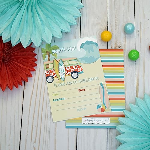 Chasing A Wave Summer Surfs Up Fun Birthday Party Invitations, 20 5x7 Fill In Cards with Twenty White Envelopes by AmandaCreation - style: Chasing A Wave Summer Surfs