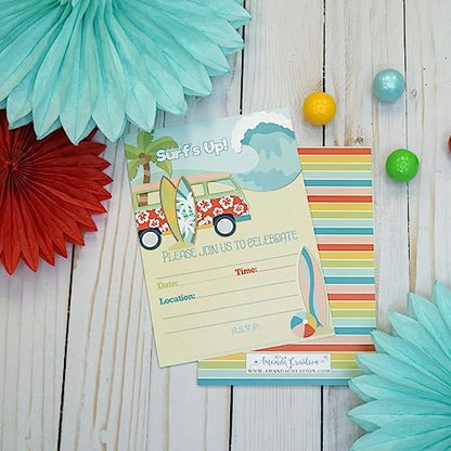 Chasing A Wave Summer Surfs Up Fun Birthday Party Invitations, 20 5x7 Fill In Cards with Twenty White Envelopes by AmandaCreation - style: Chasing A Wave Summer Surfs