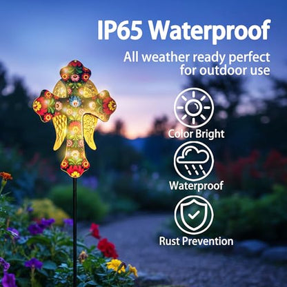 Solar Cross Lights with Angel Wings, Pink and Gold Floral Design, Memorial Garden Stake, Warm White LED, Weather Resistant, 36 Inch - color: Pink and Gold Floral