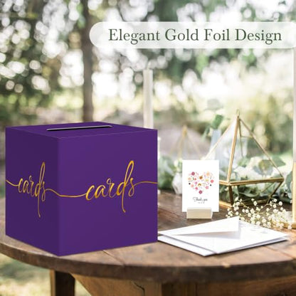 Purple Card Box with Gold Foil Design, Paperboard 8.7" Gift Card Holder for Wedding Graduation Birthday Party Reception Retirement Anniversary Bridal & Baby Shower - color: Purple Card Box with Gold Foil, size: 8.7×8.7×8.7Inch(1 Pack)