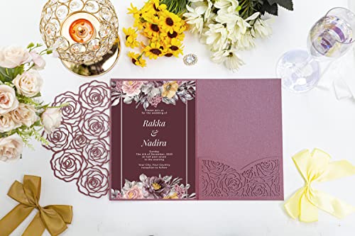 Customized inner page Laser Cut Wedding Invitations Card Pocket with Envelope for Birthday Party Baby or Bride Shower Invite suitable for 5 * 7 Inches Insert Paper (50 PCS Personalized Printed) - color: 50 PCS Personalized Printed