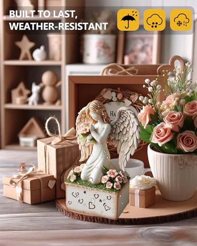 GoGnome Angelic Embrace - Resin Angel Figurine with Bouquet and Heart Accents Decorative Base - A Gift to Express Unwavering Love, Remembrance, Sympathy, Comfort Healing for Women Girls (Angel)