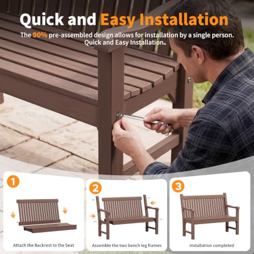 2-Person Outdoor Bench with 700 Lbs Weight Capacity, Brown | Poly Lumber Weatherproof Garden Bench Seating for Porch, Balcony and Park, All-Weather Patio Bench Furniture - color: Brown