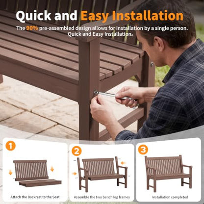 2-Person Outdoor Bench with 700 Lbs Weight Capacity, Brown | Poly Lumber Weatherproof Garden Bench Seating for Porch, Balcony and Park, All-Weather Patio Bench Furniture - color: Brown