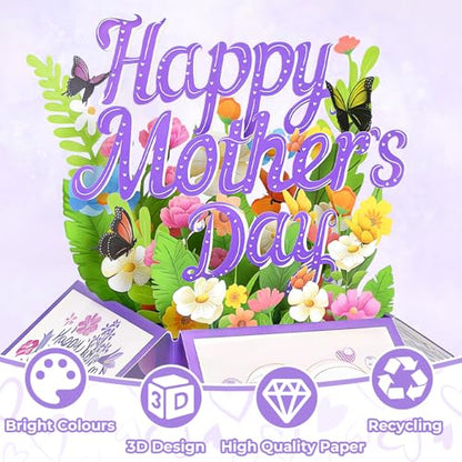 Happy Mothers Day Card, Pop Up Mothers Day Cards for Mom Wife Grandma, Unique Flowers & Butterfly Design Mothers Day Gifts with Heart-Shaped Closure Envelope & Blank Notecard - color: Happy Mothers Day