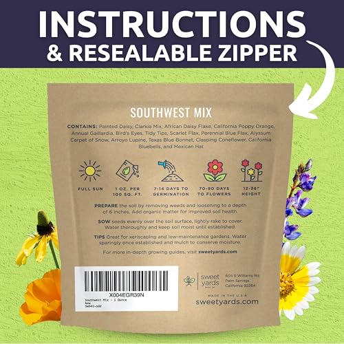 Southwest Regional Mix - Large 1 Ounce Packet - 15,000 Flower Seeds for Planting - Wildflower Mix - size: 1 Ounce (Pack of 1), style: Southwest Regional Mix