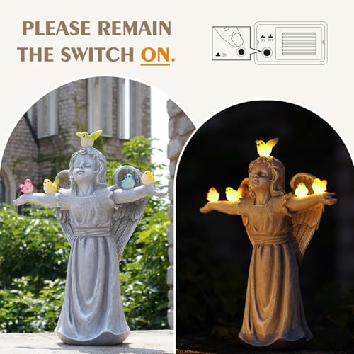 Angel Garden Statue with 5 Birds Solar Lights, Resin Cherub Figurine | Outdoor Decor for Garden Porch Yard, Gift for Women, Teacher, Mother, Birthday, Housewarming