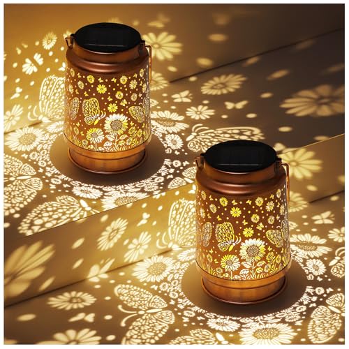 2 Pack Butterfly Solar Lanterns Outdoor Waterproof Sunflower Garden Decor Birthday Gifts for Women Mom Grandma Hanging Solar Lights Metal Lantern Decoration Outside for Porch,Patio,Yard,Backyard - style: M. 2 Pack Butterfly Lantern