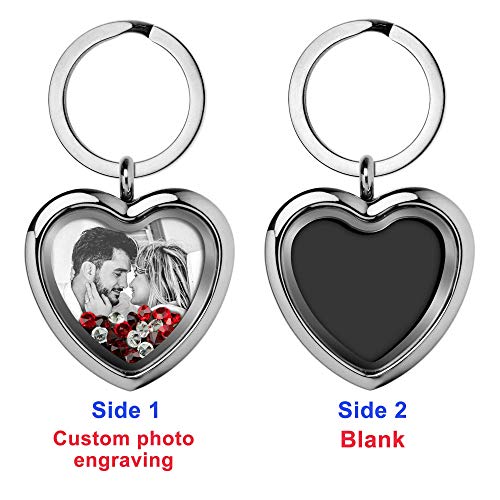Custom Photo Text Engraved Heart Floating Living Locket Crystal Pendant Keychain - color: Red - 1 Photo Engraving