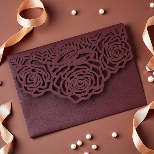 Laser Cutting Invitation Card Greeting Card Graduation Party Rose Flower Wedding Birthday Party Invitations Invitation Pocket With Envelope (Burgundy) | Greeting Card, Graduation Party, Rose Flower, Wedding Birthday Party Invitations, Invitation Pocket Wi
