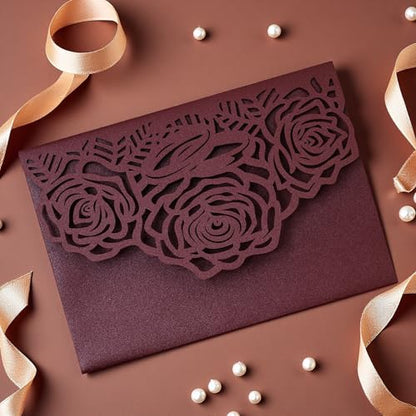 Laser Cutting Invitation Card Greeting Card Graduation Party Rose Flower Wedding Birthday Party Invitations Invitation Pocket With Envelope (Burgundy) | Greeting Card, Graduation Party, Rose Flower, Wedding Birthday Party Invitations, Invitation Pocket Wi