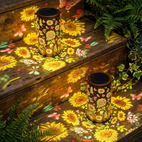 2Pack Colorful Solar Lanterns Outdoor Waterproof, Garden Decor Gifts for Women Mom Grandma - LED Colorful Sunflower Solar Powered Lights Metal Hanging Lantern for Outside Garden Patio Yard Lawn Porch - color: Sunflower X2