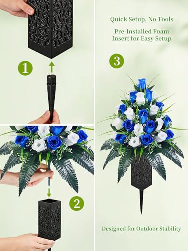 Mirevielyn 2-Pack 24 Stems Artificial Rose Cemetery Flowers with Vases - color: Royal Blue & White