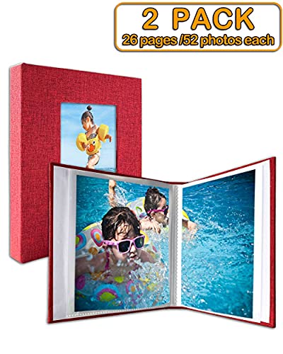 GPIRAL Small Photo Album 4x6 – Clear Pages, Linen Cover with Front Window, Pack of 2, Each Album Holds 52 Photos, Small Brag Book for 4x6 Pictures, Red Fabric - color: Red, size: 4x6"-2 PACK