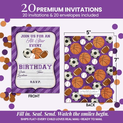 Purple All Star Sports-Themed Birthday Party Invitations for Girls, 20 5x7 Fill In Cards with Twenty White Envelopes by AmandaCreation - style: Purple All Star