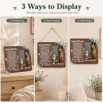 Pet Dog Cat Memorial Photo Frame - Waiting At The Door Dogs Wooden Tabletop Picture Frame - Sympathy Memorial Gifts For Loss Of Dog Cat Owner - In Loving Memory Greenery Frames Favors -03 - style: Greenery