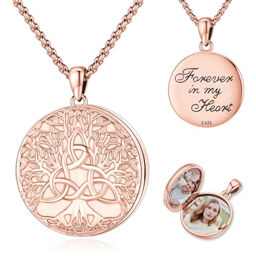 Picture Locket Necklace for Women Men Rose 14K Real Gold 925 Sterling Silver Jewelry Heart Locket Necklace that Holds Pictures Tree of Life Viking Wolf Celtic Knot St Christopher St Michael Pendant - color: I2-8-Celtic Locket-Rose Gold
