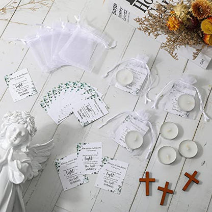 50 Set Funeral Party Favors Memorial White Candles Unscented Funeral Gifts Tealight Candles with Condolence Bereavement Cards and Organza Bags for Guest Celebration of Life Decorations (Stylish) - style: Stylish