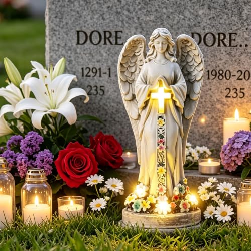 Solar Garden Decor Angel Statue with Cross Cemetery Decorations for Grave - color: Grey Cross Angel