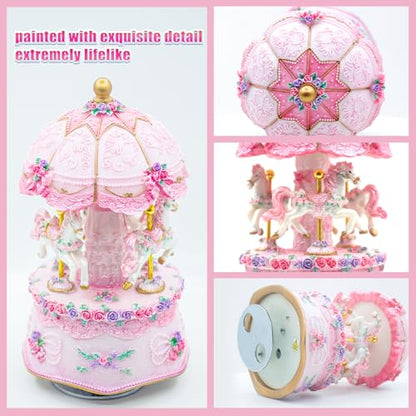 Carousel Music Box,Luxury Color Change LED Light ,Luminous Rotating 3-horse | Luminous Music Box, musical box with Gift Box for Girls Birthday Valentine Gift (Castle in the Sky, Pink) - color: Pink, style: Castle in the Sky