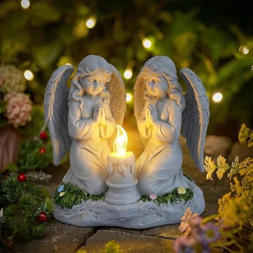 Solar Powered Twin Angel Garden Statue 6.49 Inch - Waterproof Resin Lighted Outdoor Memorial Decor for Yard, Cemetery, Patio