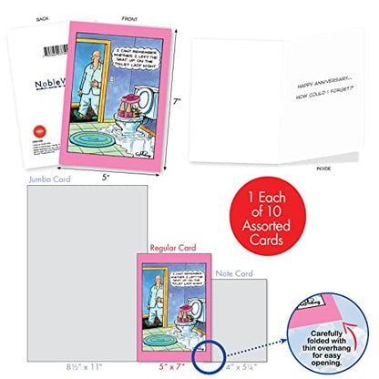NobleWorks 10 Anniversary Cards Assortment (10x1 Designs) Celebration and Congrats Notecard For Men, Women - Humorous Twosomes AC9371ANG-B1x10 - style: Humorous Twosomes