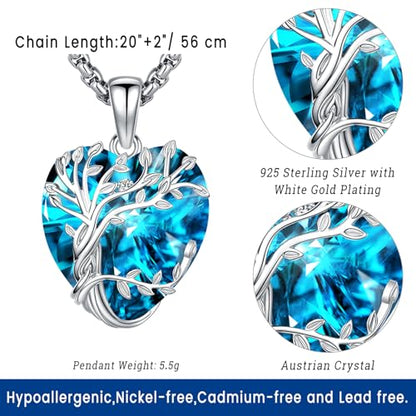 Eusense Tree of Life Necklace for Women Men Sterling Silver 925 Tree Urn Locket Cremation Jewelry Family Tree Pendant Gifts for Her Him Mom Dad Grandma Daughter - style: E-G-Tree of Life Necklace 12-Blue Topaz
