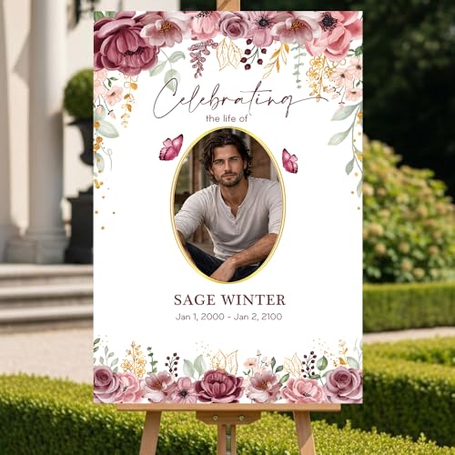 Personalized Celebration of Life Welcome Sign with Photo, Obituary Welcome Sign with Name and Date, Celebrating a Beautiful Life Butterfly Flower Tribute, Butterfly Flower Remembrance Decor, Custom Funeral Welcome Sign (Edition 3) - color: Edition 3